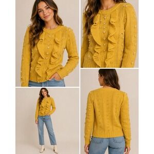 Industry Womens S/P Mustard Yellow Pearl Ruffle Pointelle Knit Sweater Petite